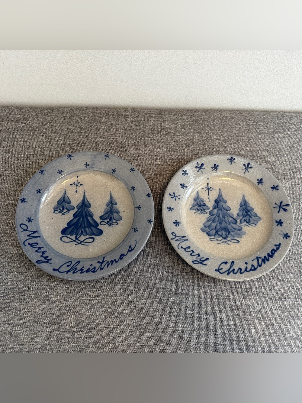 Rowe Pottery Works Blue Salt Glaze Clay Merry Christmas Salad Plates 8.75" Trees